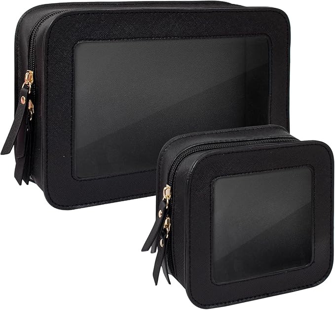 Clear Makeup Bag Set for Women Portable Clear Makeup Bag Cute Waterproof Travel Cosmetic Bag Travel Essentials Car Accessories for Women Men(Black, Standard + Mini)