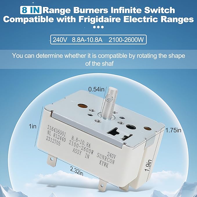 316436001 Surface Burner Control Switch Compatible with Frigidaire, for Kenmore Range Surface Element Control Switch 8 Inch, Replace for: 316436001 316021501 AP3885460 PS1145040 EA1145040 AH1145040