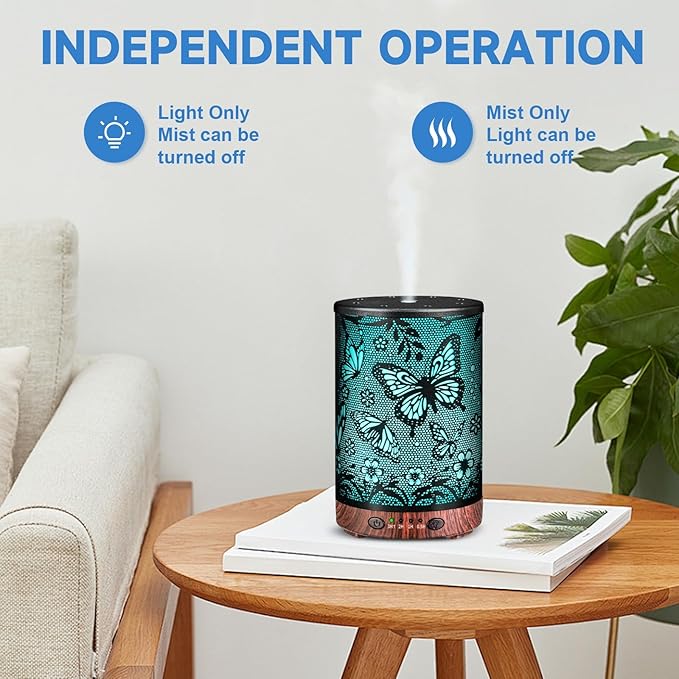 Essential Oil Diffuser Metal Aromatherapy Diffuser, Cool Mist Diffuser with 7 Color Lights for Home Office Spa (Big Butterfly)