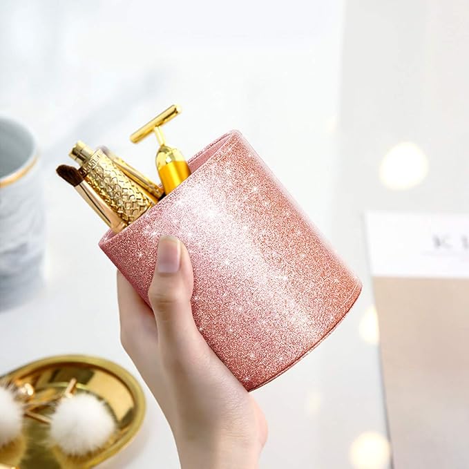 WAVEYU Pen Holder for Desk, Pencil Cup Pink Glitter Bling for Women Girls, Luxury Makeup Brush Holder Large Pu Leather Multi-Functional Organizer Cup for Office, Classroom, Home, Rose Gold