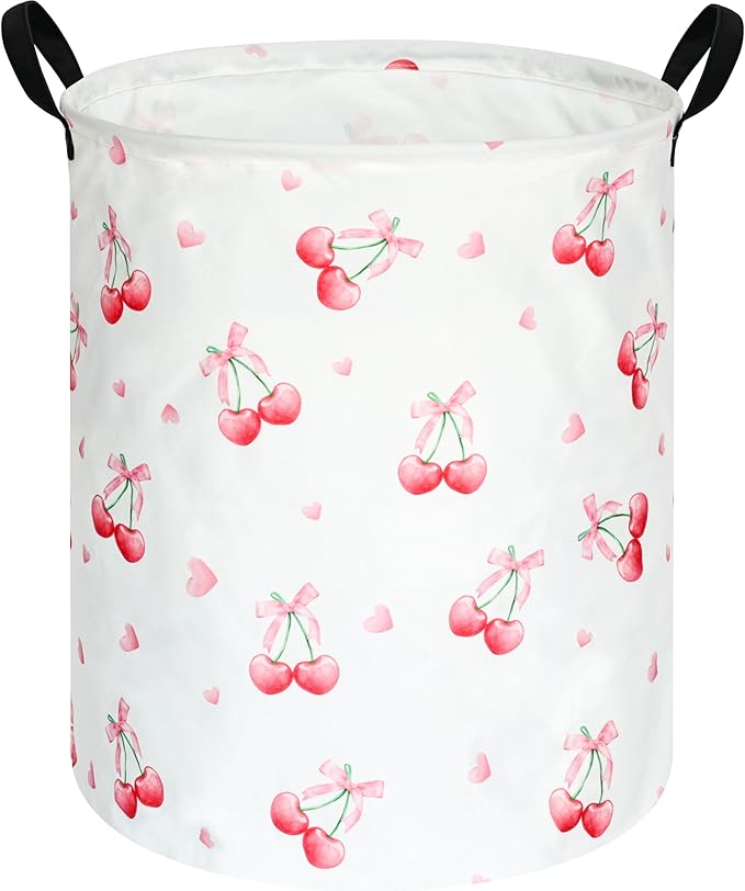 Cherry Print Round Laundry Hamper Storage Basket Bins Clothes Nursery Hamper for Home, Gift Storage Bins with Handles