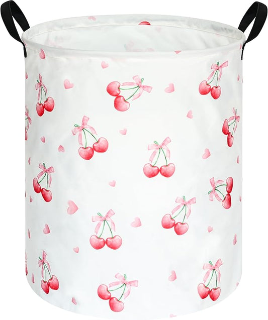 Cherry Print Round Laundry Hamper Storage Basket Bins Clothes Nursery Hamper for Home, Gift Storage Bins with Handles