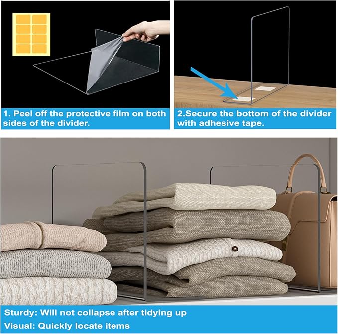 OKPOW Shelf Dividers Closet Organizer - 7.5" Tall X 11.8" Deep Acrylic Clear Sturdy Separate for Clothes Purse - Adjustable Space Saver Easy Install for Home Organization Enthusiasts 8 Pack