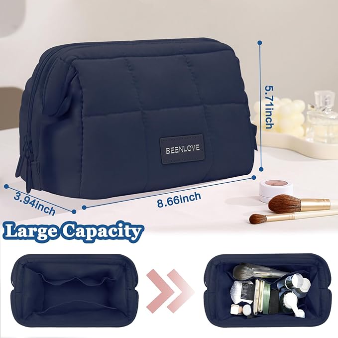 Makeup Bag Travel Toiletry Bag - Cute Make Up Bag, Waterproof Cosmetic Bag with Multiple Compartments, Wide-open Makeup Pouch for Cosmetics, Toiletries, and Travel Essentials, Navy Blue