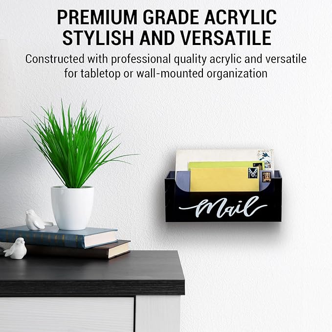 MyGift Premium Smoky Gray Acrylic Mail Holder with Decorative White Cursive Mail Label, Modern Wall Mounted or Tabletop Mailbox, Letter Storage Organizer Box