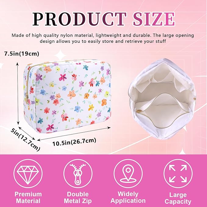 Waterproof Nylon Large Makeup Bag Travel Pouch, Floral Preppy Big Cosmetic Bag Make Up Organizer Toiletry Bag with Zipper, Large Capacity Cute Zipper Pouch Storage Bag for Women Girls(Fringed Iris)