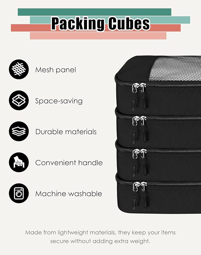 4-Piece Packing Cubes Travel Accessories Set for Suitcases - Luggage Organizer Bags with Double Zipper - Mesh Top - Large - Black