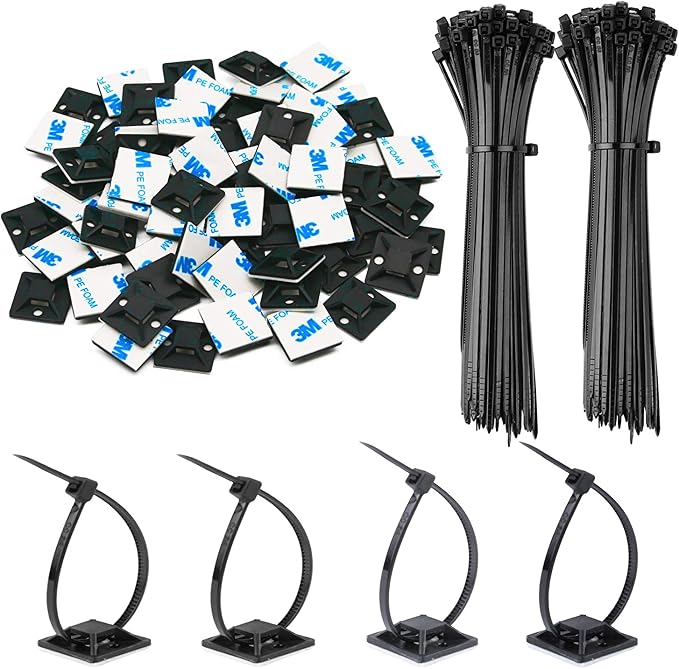30 Pack 2 inch Zip Tie Adhesive Mounts Self Adhesive Cable Tie Base Holders with Multi-Purpose Tie wire clips with screw hole,Anchor stick on wire holder with 8 inch zip ties（Black）