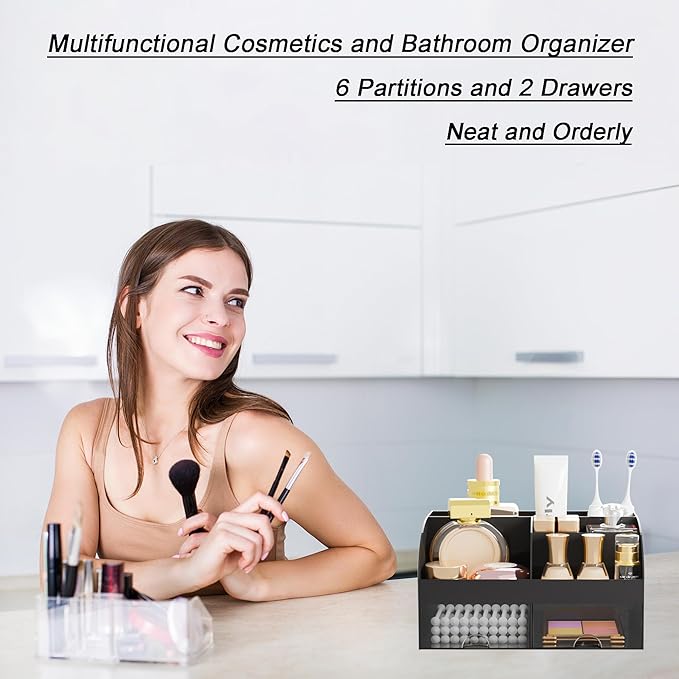 Makeup Organizer with 2 Drawers, Cosmetic Storage for Dresser Vanity and Bathroom Countertop, Makeup Organization and Skincare Storage with Beauty Brush Holder, Cosmetic Display Case (Black)