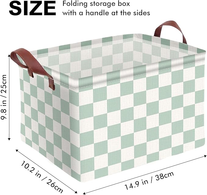 Cyan Checkered Basket Waterproof Canvas Toy Storage Bin Checkered Room Decor Collapsible Outdoor Basket with Leather Handles Cyan Decor Blanket Baskets For Closets,Bedrooms,Gifts Baskets
