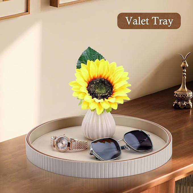 GORESE Round Decorative Tray for Coffee Table Decor, 12" PU Leather Serving tray Table Centerpiece Home Decor, Desk Valet Tray for Trinket Jewelry Perfume Key, Ottoman Tray Nightstand Organizer, Beige