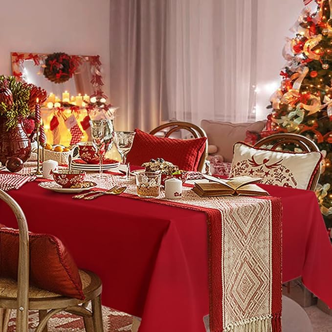 sancua Rectangle Tablecloth - 90 x 156 Inch - Water Resistant Spill Proof Washable Polyester Table Cloth, Decorative Fabric Table Cover for Dining Tables, Buffet Parties and Camping, Red