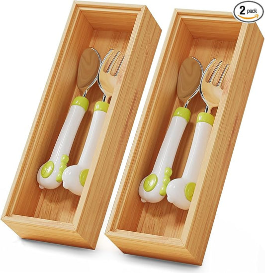 Bamboo Kitchen Drawer Organizer Boxes – 9" x 3" Stackable Wood Silverware Utensil Tray for Drawers Bins, Cutlery & Flatware Storage – Wooden Organizers Set of 2 for Junk Drawer, Bathroom, RV