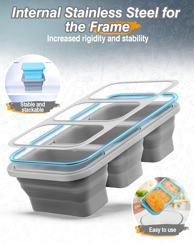 Silicone Freezer Trays With Lid And Clip, Stackable 1 Cup Soup Freezer Molds, 2 Pack Large Ice Cube Trays, Collapsible Freezing Molds for Meal Prep, Leftovers, Sauce, Broth, Kitchen Gifts Set