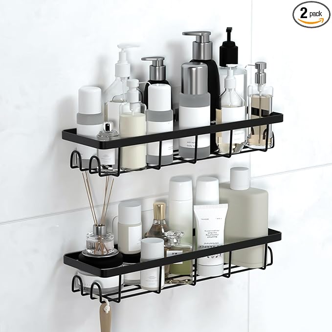 Shower Caddy Organizer with Hooks, Self-Adhesive Bathroom Shelves, No Drilling Bathroom Organizers and Storage, Perfect for RV, Apartment, Home Decor, 2 Pack Black