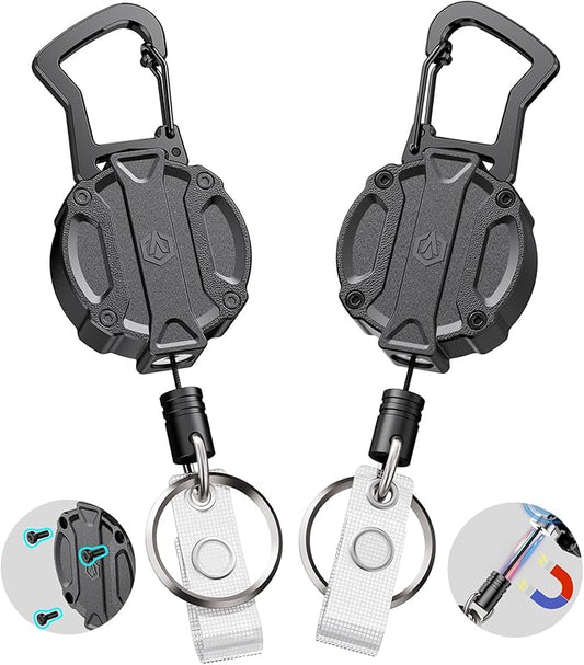2Pack Heavy Duty Ret retractable Keychain, Unbreakable Embedded Body with 30.5" Dyneema Cord, Tactical ID Badge Holder Reel Carabiner Clip with Secure Magnetic Closure for Men, Holds 25oz