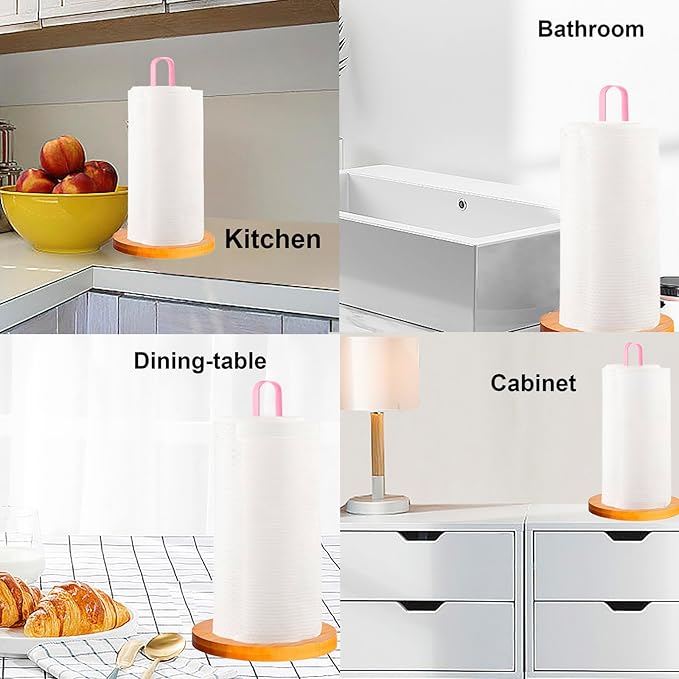 TONLEA Wooden Paper Towel Holder Countertop, Kitchen-Towel-Holder FreeStanding with Non-Slip Base for Bathroom (Light Pink)