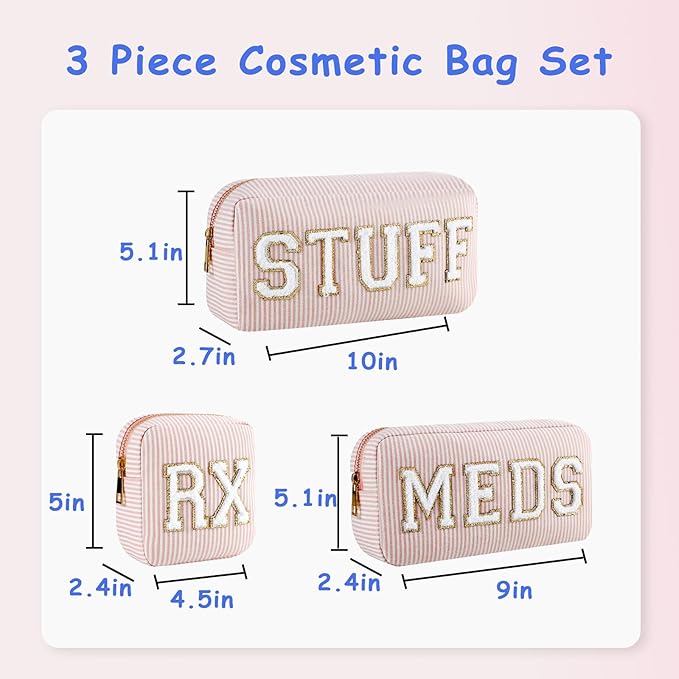 uekeboag Seersucker Chenille Letter Stuff Meds RX Makeup Bag, Travel Washable Purse Organizer with Zipper, Lightweight Toiletry Cute Personalized Preppy Cosmetic Bag For Women and Girls(3pcs Pink)