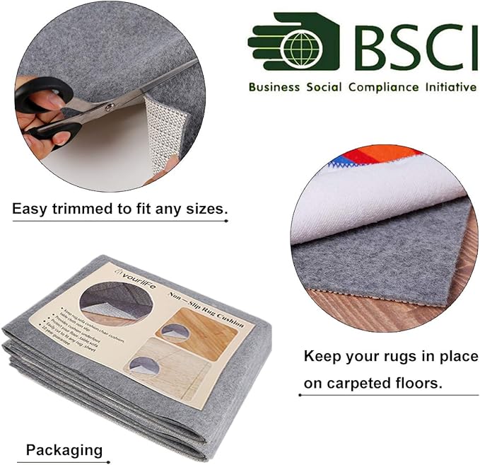 Non-Slip Rug Pad Grippers - 4x6 Ft, 1/8" Thick, (Felt + Rubber) Double Layer Area Carpet Mat Tape, Provides Protection and Cushioning for Hardwood or Tile Floors