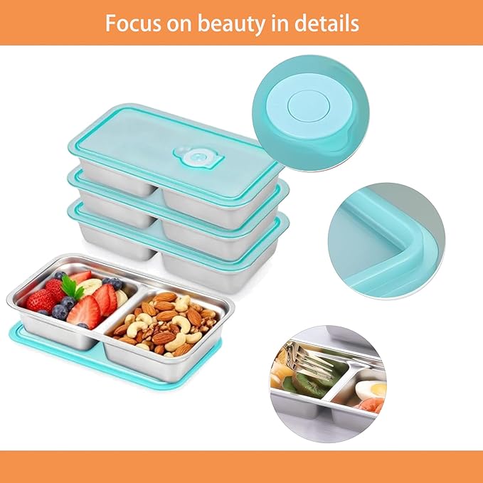 4-Pack Stainless Steel Snack Containers with Lids Reusable Double Compartment Food Storage for Meal Prep, Lunch & On-the-Go; Ideal for Snacks, Condiments, Dips at Office, School, Travel & Outdoor