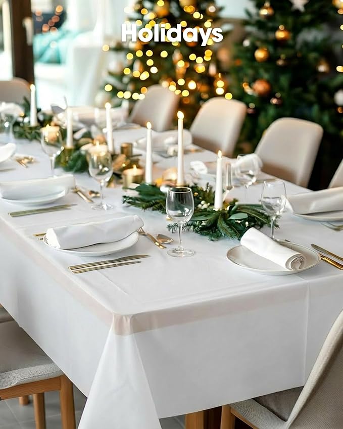 Pureegg Plastic Table Cloth Disposable 10 Pack, 54 x 72 Inch Table Cloths, Party, Picnic, Wedding, Decorative Tablecloths, Rectangle, White Plastic Cover, Leakproof & Sturdy, White