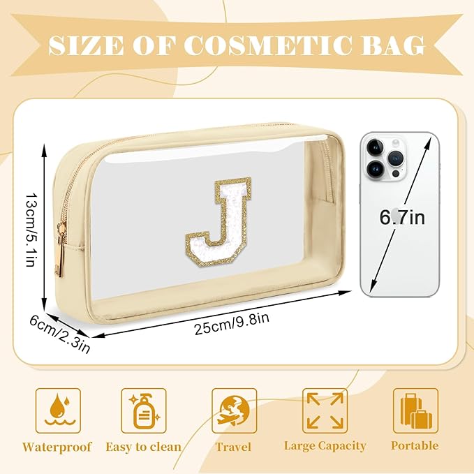 Personalized Initial Letter Clear Makeup Bag, Preppy Small Nylon & PVC Cosmetic Zipper Bag with Chenille Letter, Portable Beach Travel Skincare Toiletry Bag, Trendy Monogram Gift for Teen Girls Women, J
