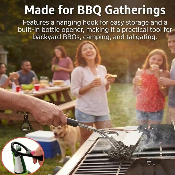 Bristle-Free Grill Brush with Scraper - Reinforced Coil Grill Cleaning Brush, Long Handle Safe BBQ Cleaner for Gas and Charcoal Grates