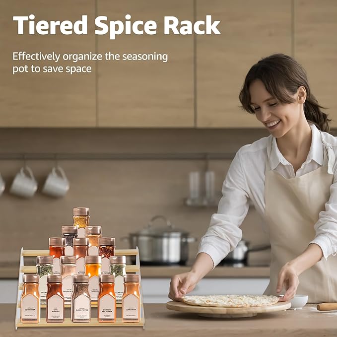 nianfeng 5-Tier Tiered Spice Rack, Spice Pantry Kitchen Cabinet Organizer, 16-Inch, Natural Wood Acrylic Stair Riser Stand, Countertop Seasoning Shelf