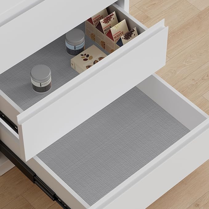 Shelf Liners for Kitchen Cabinets Refrigerator Liners Waterproof & Oil-Proof Kitchen Cupboard Liner Plastic Drawer Mats PVC Material Non Adhesive Fridge Liner for Shelves Gray 11.8 x 59 Inch