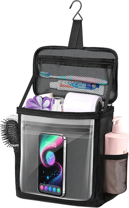 Hanging Shower Caddy Portable, Travel Toiletry Bag for Men & Women, Large Capacity with Hook,Dorm Room Essentials With Waterproof Phone Compartment, for Bathroom, Picnic, Gym, Travel(Black)