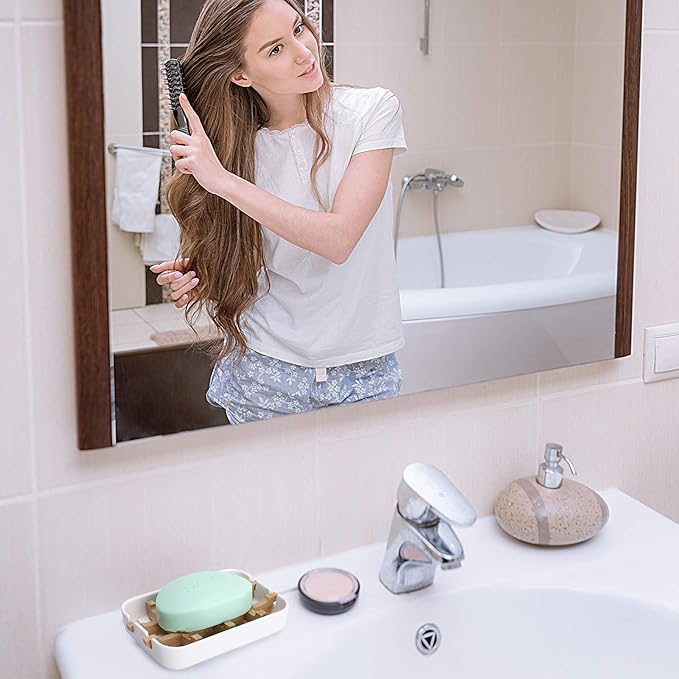 Bamboo Wooden Soap Dishes for Bathroom Bar Soap Holder Shower Soap Holder Sink Deck Bathtub Shower Tray (Two Pieces White)
