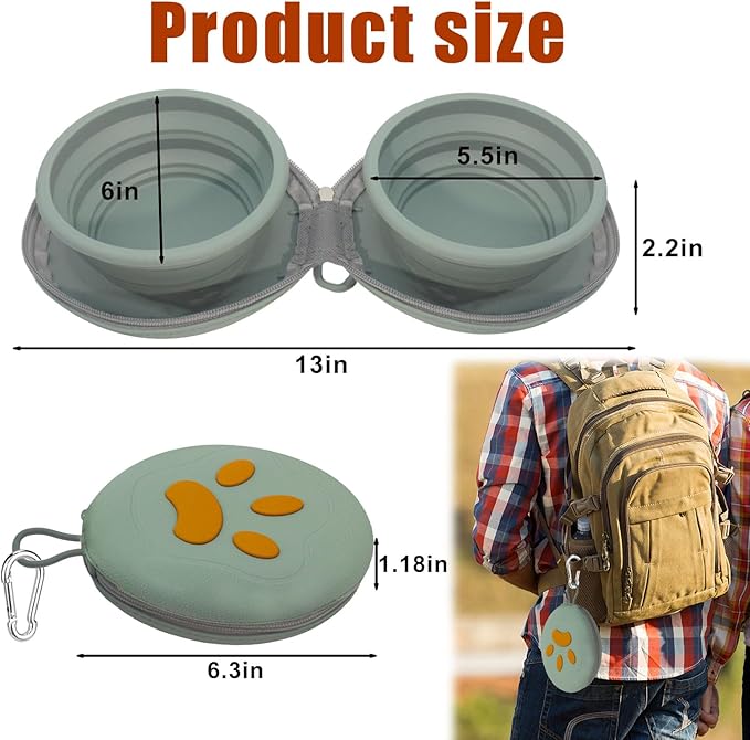 Collapsible Dog Bowls, 2-in-1 Silicone Pet Food and Water Bowl with Carabiner, Portable Double Compartment Dish for Travel, Camping, Hiking Puppy Essentials (Green)