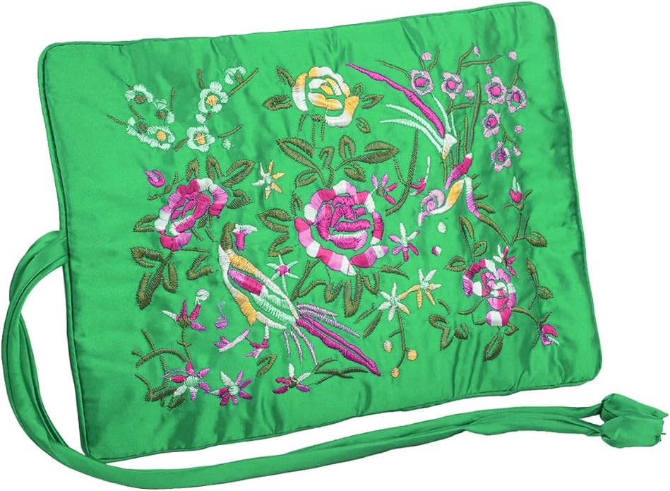 TUMBEELLUWA Embroidery Travel Jewelry Bag Roll Embroidered Flower and Bird Brocade Organizer with Tie Close