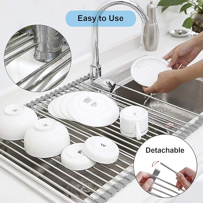 Searik Roll Up Over The Sink Dish Drying Rack for Kitchen Counter Sink Drying Rack Dish Drainer Drying Mat Folding Dish Rack Kitchen Sink Organizer Home Essentials (20.5"x15.7")