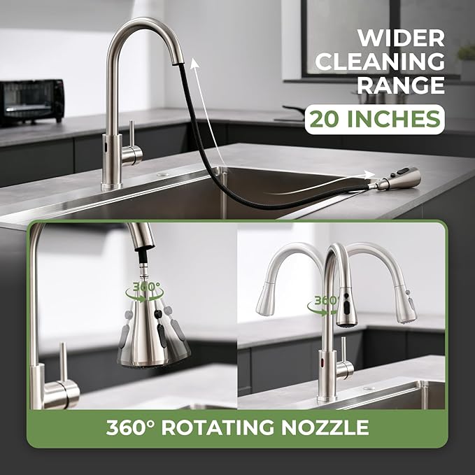Touchless Kitchen Faucet, VFAUOSIT Kitchen Sink Faucet with Pull Down Sprayer Brushed Nickel Motion Sensor Smart Hands-Free, Stainless Steel Single Hole Faucet for Bar Laundry RV Bathroom Sink