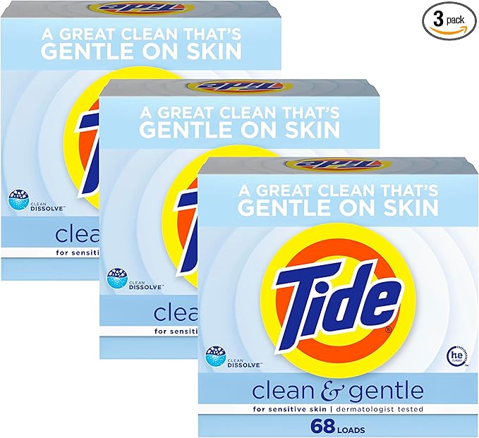Tide Clean and Gentle Powder Laundry Detergent, Unscented, 68 Loads, 77 oz (Pack of 3)