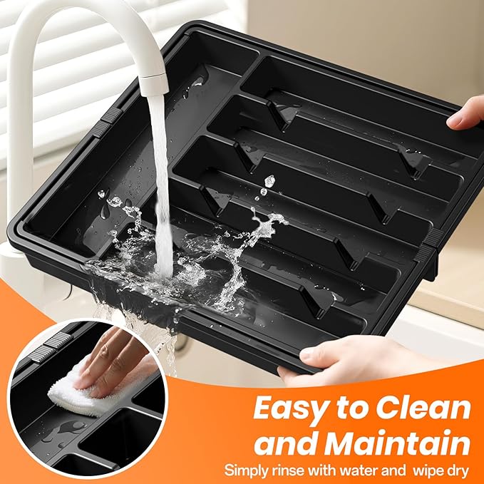 RoomHacks Large Silverware Organizer,Expandable Utensil Drawer Organizer,BPA Free Utensil Holder,Adjustable Silverware Tray Cutlery Drawer Organizer for Kitchen Flatware,Large,Black,2 Pack