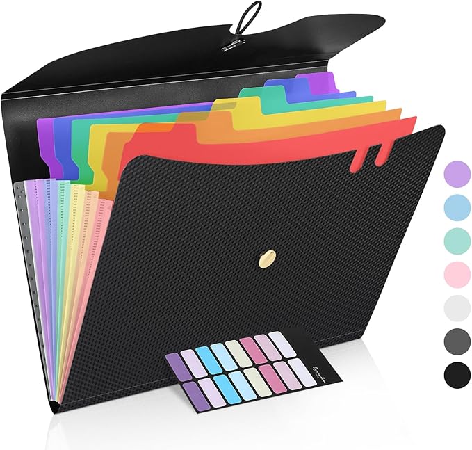 Sooez 7 Pocket Expanding File Folder, Premium Accordion File Organizer with Bungee Closure, Letter Size Folders for Documents, Portable Filing Folders for School Office Supplies, Black