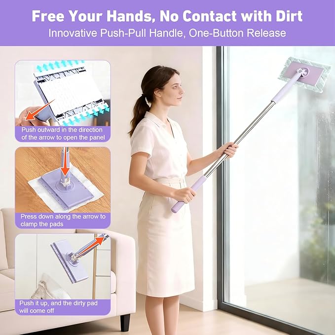 Snap Grip Mini Mop, Cloth Changing Mini Mop for Dry & Wet Disposable Pads, Lazy mopa automatic gripping with Sweeping & Mopping, Long Handle Disposable Dust Mop for Hardwood, Tile, Small Space(Purple)