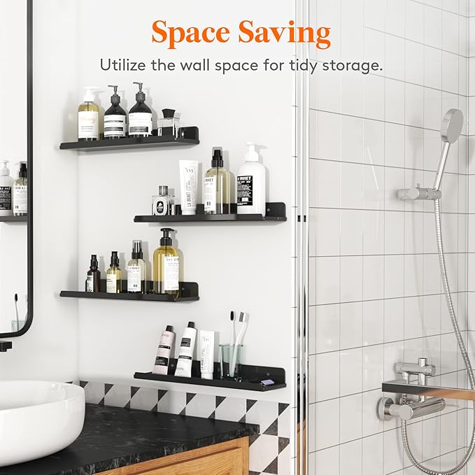 Lifewit Floating Shelves for Bathroom, 15" Clear Wall Organizer for Makeup, Perfume, Figures, Photo, Decor Shelf for Nursery, Living Room, Bedroom, Kitchen, Over Toilet Storage Rack, Black, 6 Pack