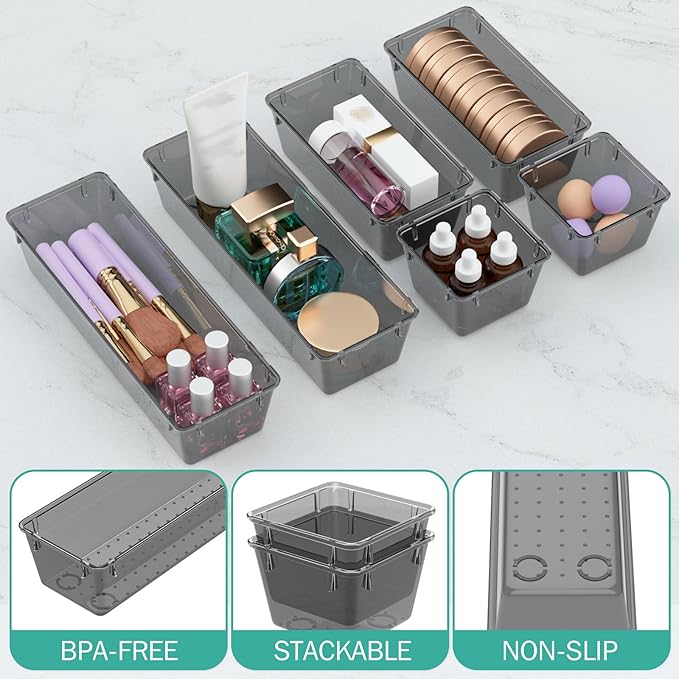 WOWBOX 6 Pack Clear Drawer Organizer Set, Acrylic Drawer Storage Trays, Storage Bins for Makeup, Cosmetics, Jewelries, Utensils, Gadgets, Office, Black