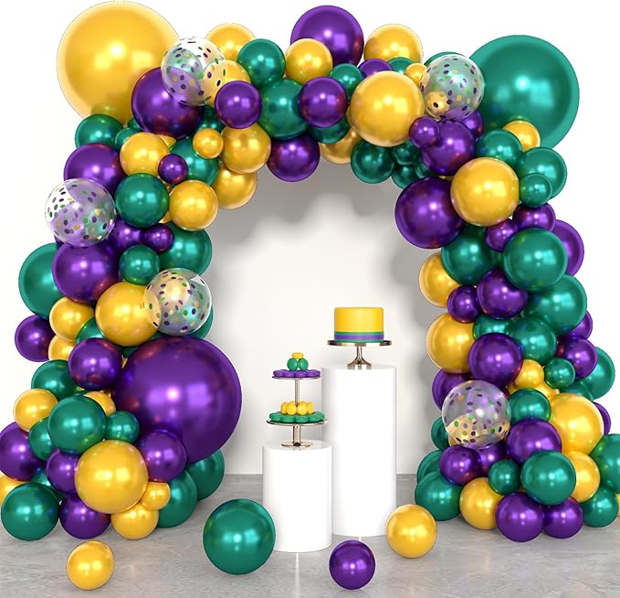 Amandir 153pcs Mardi Gras Decorations Balloons Arch Garland Kit, Different Sizes 18 12 10 5inch Pearl Purple Green Gold Confetti Mardi Gras Balloons for Fat Tuesday Carnival Birthday Party Supplies