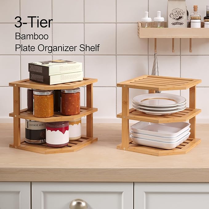 VERTORGAN 3 Tier Bamboo Corner Shelf,Dish Drying Rack,Plate Organizer,Kitchen Spice Rack for Countertop and Cabinet