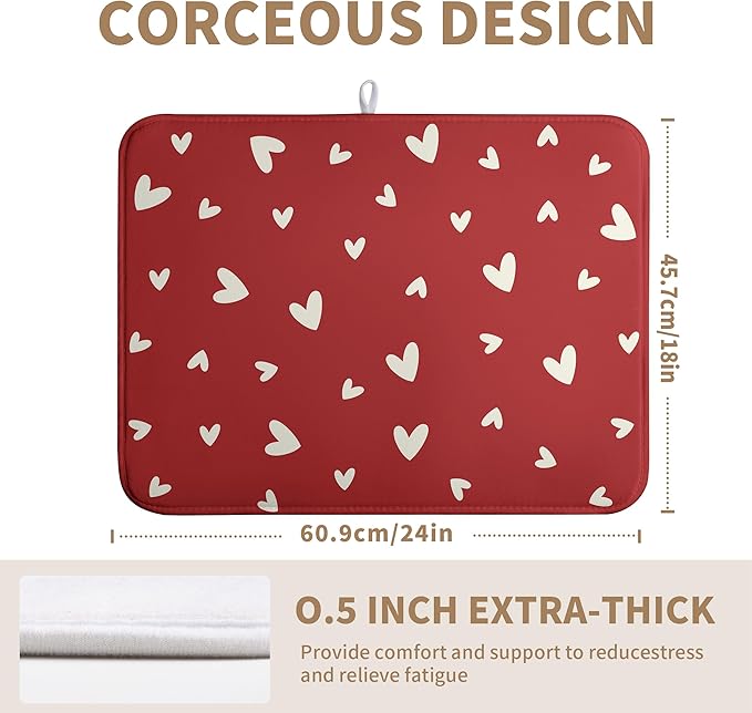Valentine's Day Love Heart Dish Drying Mat for Kitchen Counter 18x24 Inch Valentine Theme Dish Mats Absorbent Microfiber Dish Draining Mat Reusable Washable Dish Drainer Rack Pad