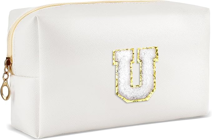 Gifts for Girls Initial Makeup Bag Personalized Cosmetic Bag with Zipper Cute Travel Toiletry Bags Waterproof PU Preppy Makeup Pouch Birthday Gift for Teen Girls Women(White U)