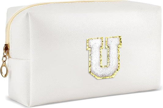 Gifts for Girls Initial Makeup Bag Personalized Cosmetic Bag with Zipper Cute Travel Toiletry Bags Waterproof PU Preppy Makeup Pouch Birthday Gift for Teen Girls Women(White U)