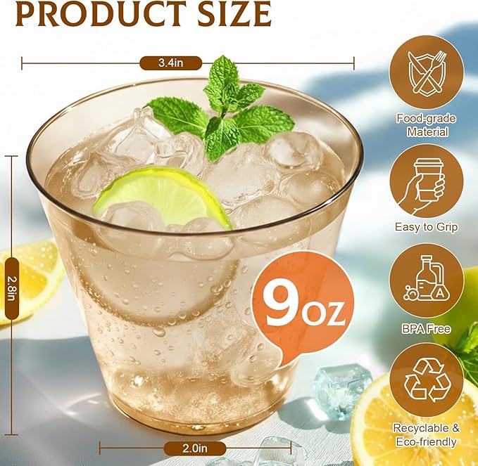 9 oz Clear Plastic Cups Brown Plastic Disposable Cups for Cocktail 50 Pack Fancy Cocktail Cup for Party Stemless Wine Glasses for Party Wedding Graduation Birthday