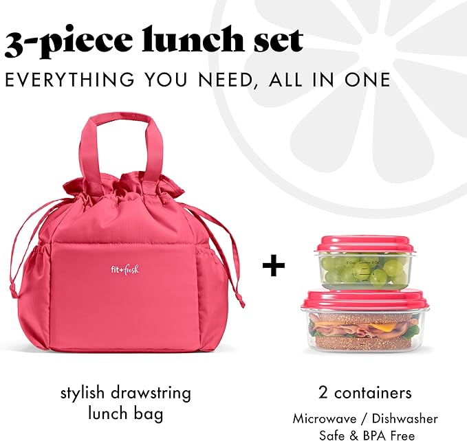 Fit & Fresh Cromwell Drawstring Lunch Bag for Women, Complete Lunch Set with 2 Containers, Stain-Resistant, Leak-Resistant, Back to School Essential, Teacher Lunchbox, Watermelon