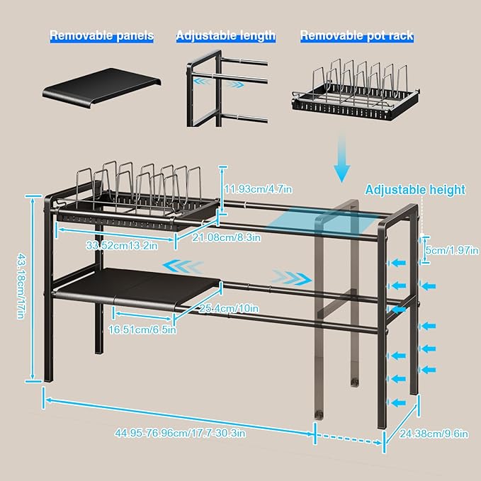 Pots and Pans Organizer Under Cabinet, Expandable 2 Tier Under Sink Organizers and Storage Adjustable Height Kitchen Pot and Pan Lid Holder Rack with 6 Dividers (6 panels, 1 Pot rack, Black)