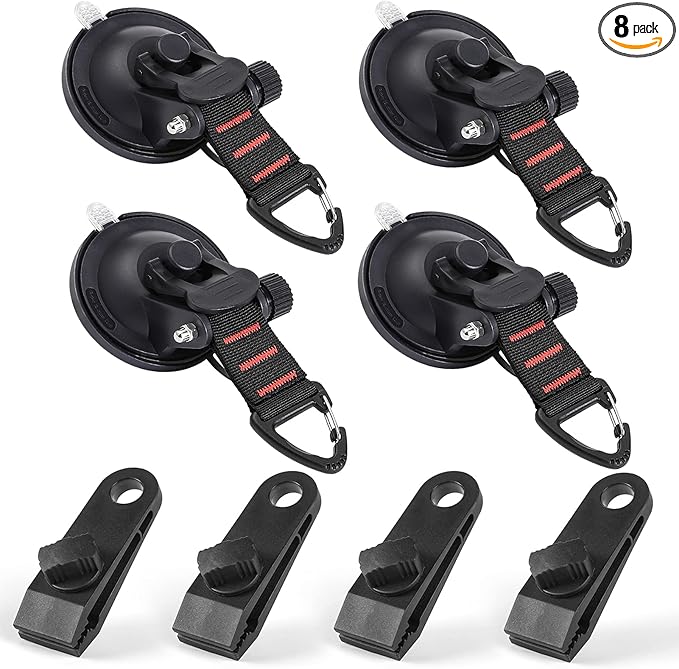 CONBOLA Suction Cups Hooks 8 pcs Car Camping Essentials Heavy Duty Tie Down Suction Cup Camper Accessories with Securing Hook Strong Power for Car Awning Boat SUV Tent Trap Window Glass. (8 pcs)